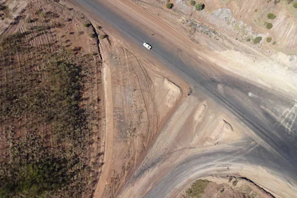 Aerial image of a dirt road intersection