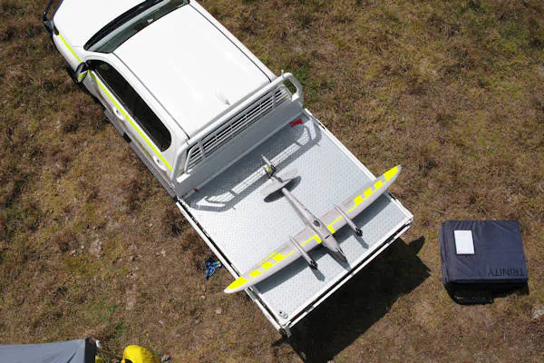 Fixed wing UAV drone on the back of a PSAH ute